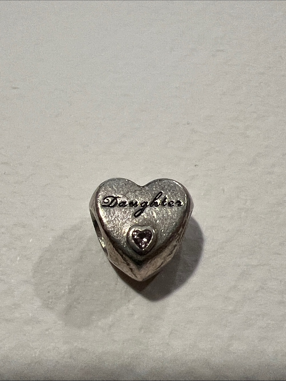 Sterling Silver Heart 'Daughter' Silver Charm Bead with Pink Crystal Accent